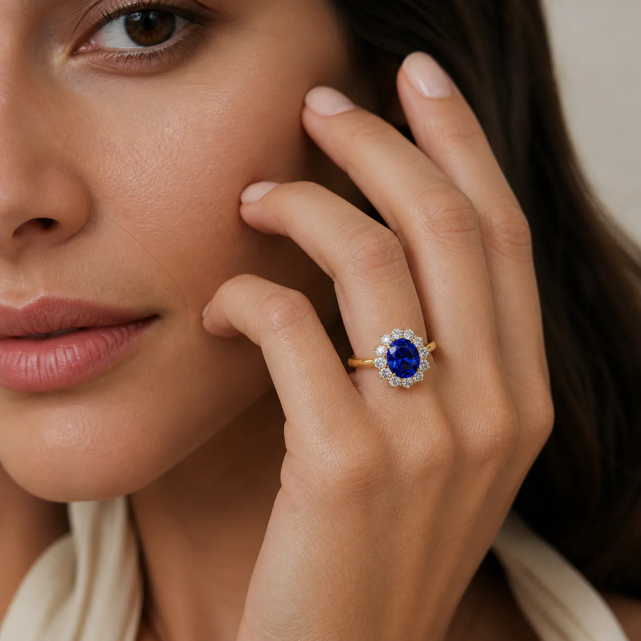Ring with a vivid blue centre stone framed by a luminous halo on the hand