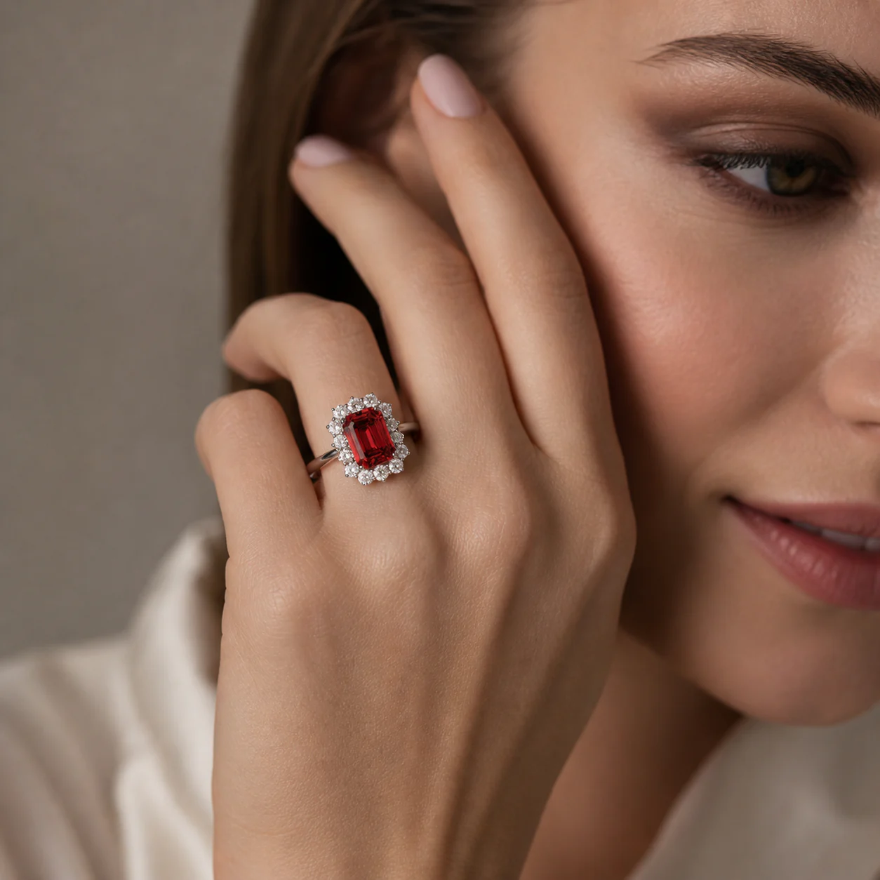 Red centre ring with a vivid stone framed by a bright halo on the hand