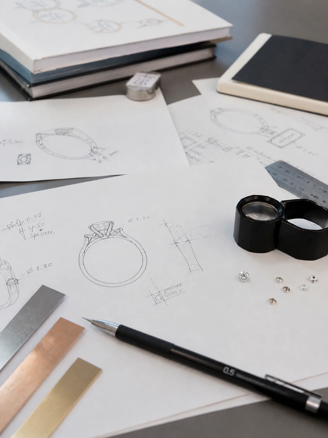 Jewelry ring design sketches with drafting tools and selected gemstones