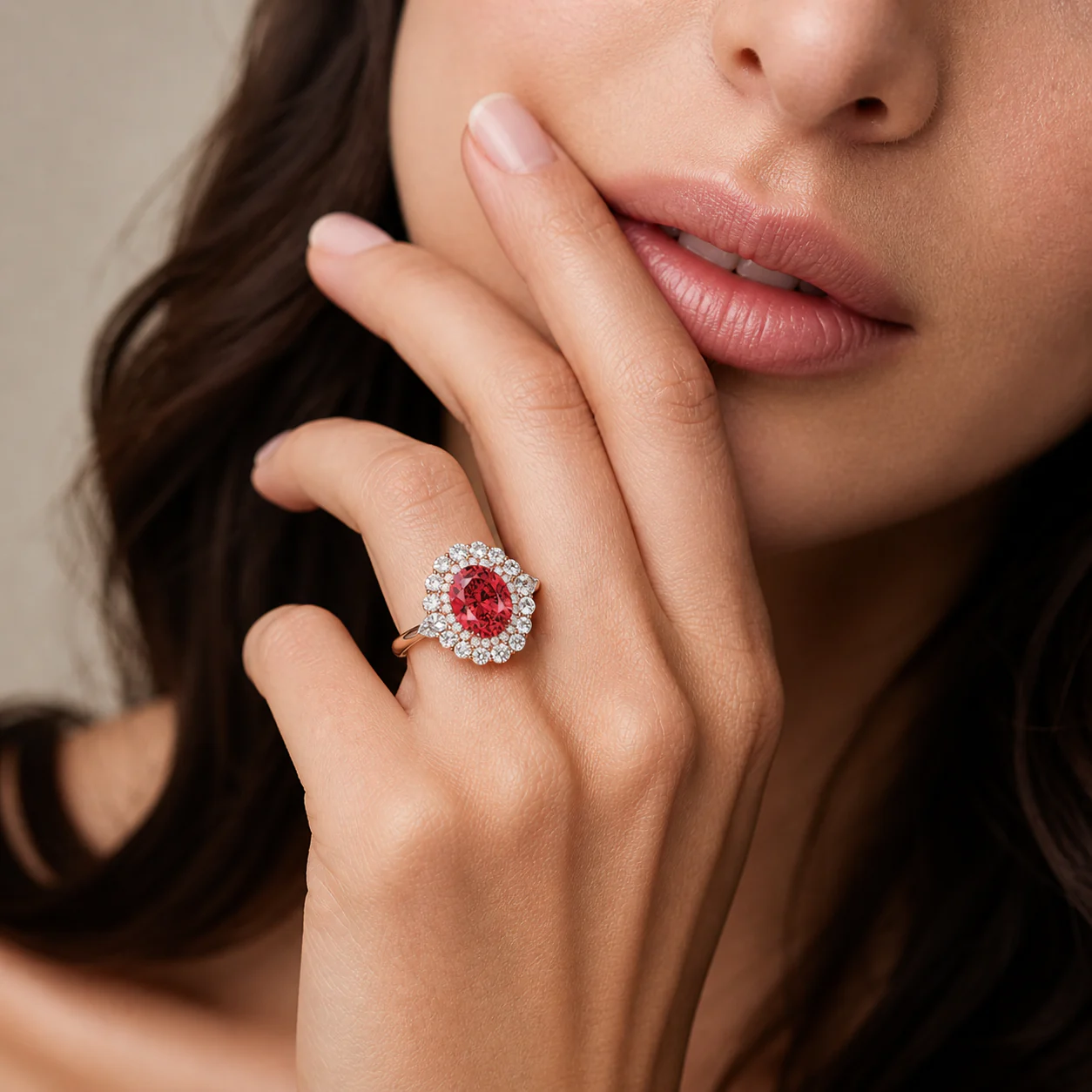 Scarlet oval ring with a red centre stone in a rose-toned frame and layered white halo