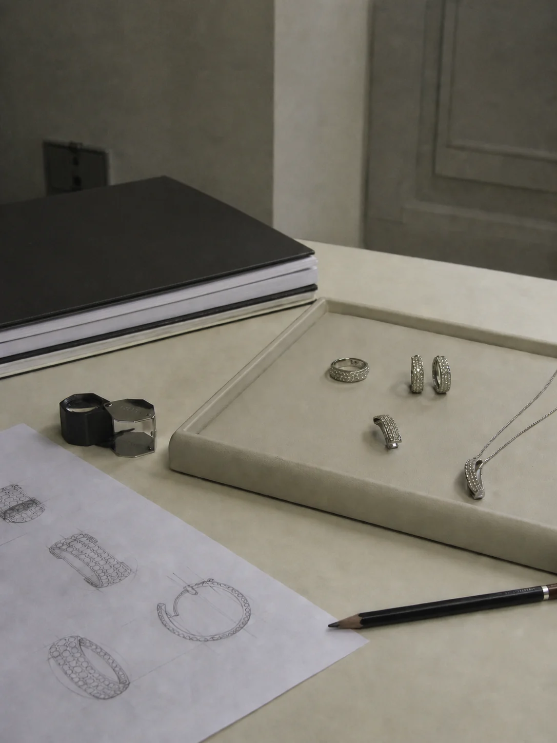 Jewelry development table with sketches, rings, earrings, necklace, loupe, and pencil in 2008.