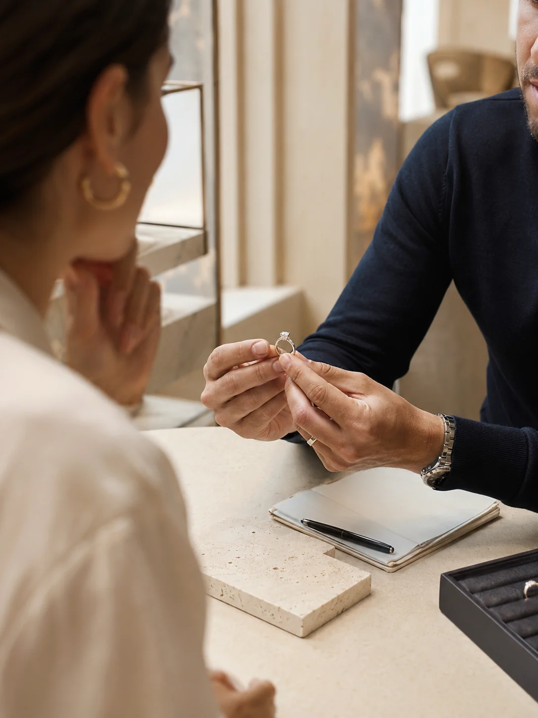 Private SIRO jewelry consultation presenting a diamond ring
