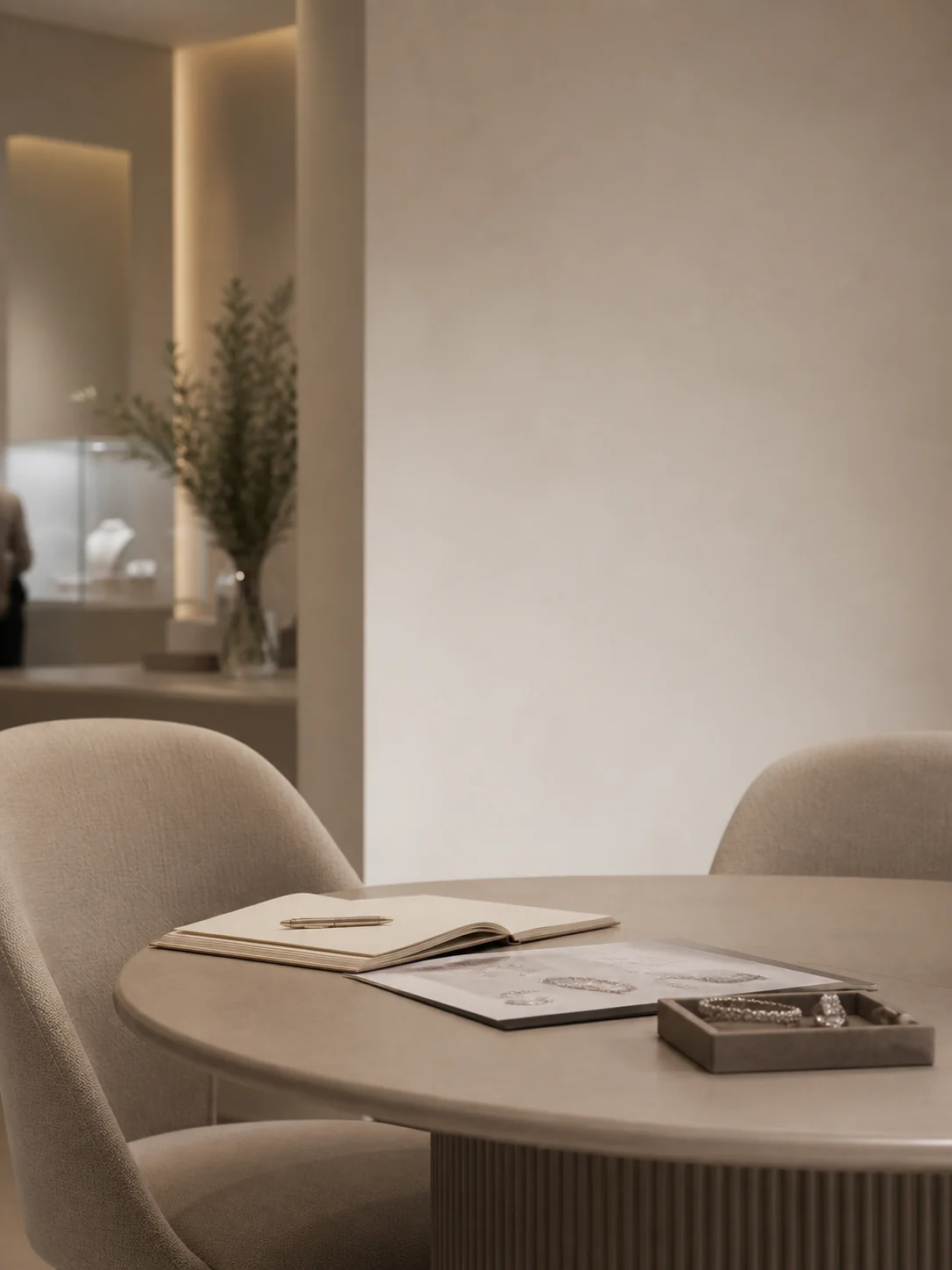 SIRO showroom meeting table with sketches and jewelry details